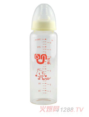 優(yōu)恩黃色標(biāo)口晶鉆直身玻璃奶瓶240ml